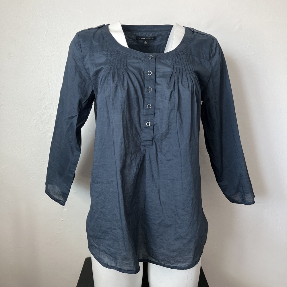Banana Republic 3/4 Roll Tab Sleeve Tunic Blouse Womens M Charcoal Gray Cotton